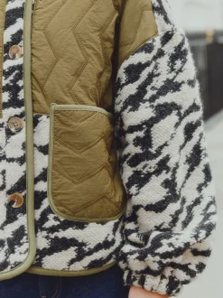 Vert olive/Imprimé animal - Veste en peau de mouton boutonnée duveteuse et confortable