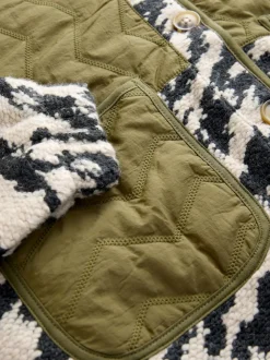 Vert olive/Imprimé animal - Veste en peau de mouton boutonnée duveteuse et confortable