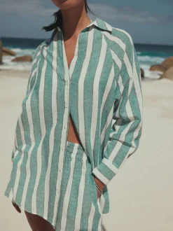 Vert/Blanc - Chemise d’été avec lin