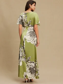 Vert/Ecru - Robe mi-longue texturée en Satin à Manches courtes torsadée sur le devant