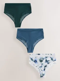 Vert/marine/bleu marine imprimé - Mesh Trim Taille haute High Leg Knickers 3 Lot