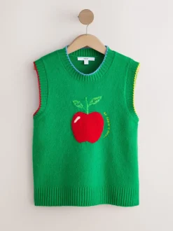 Vert/Rouge Apple graphique - Débardeur sans manches en maille avec laine