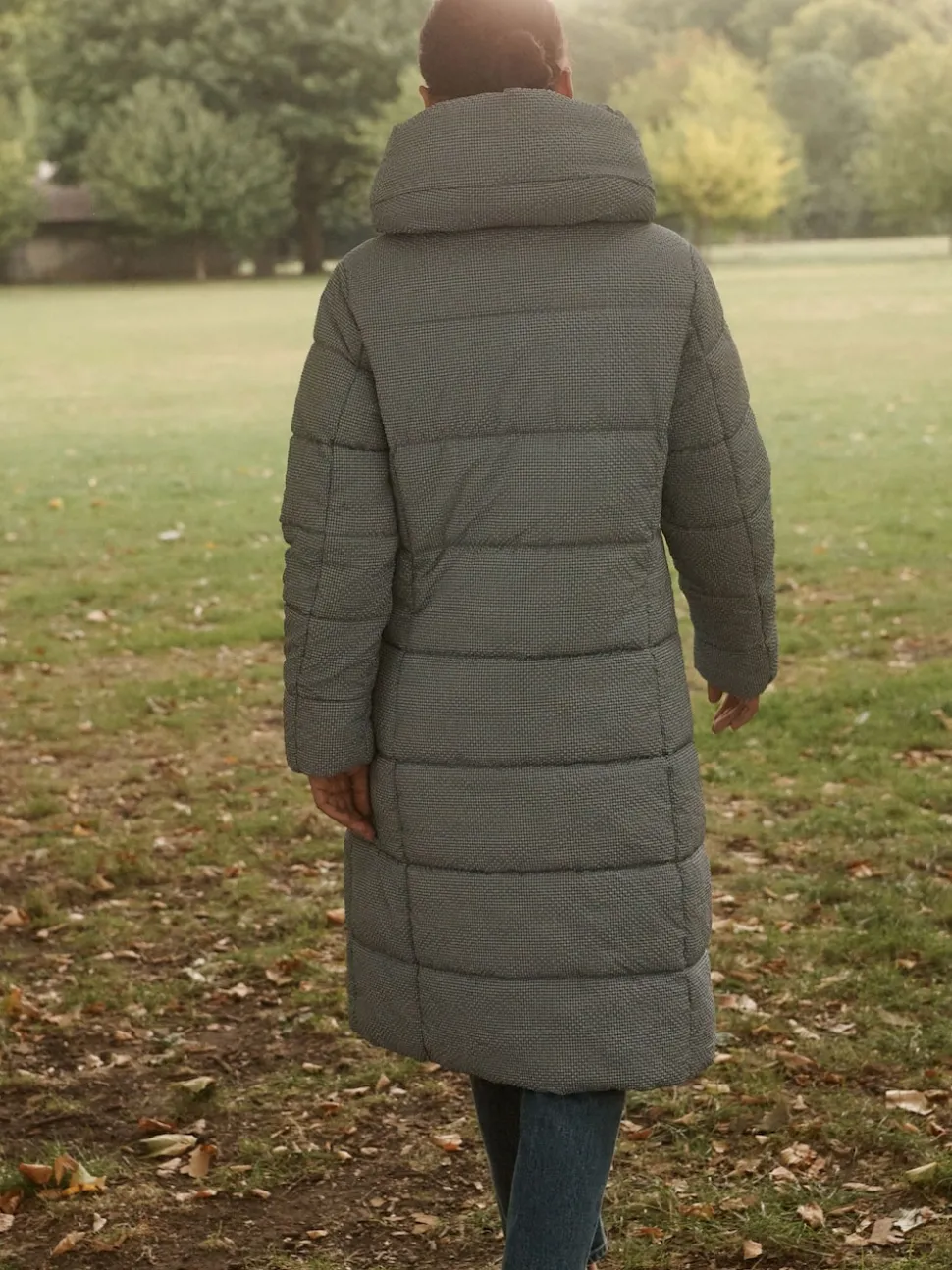 Vichy bleu - Manteau long matelassé à capuche résistant à la douche