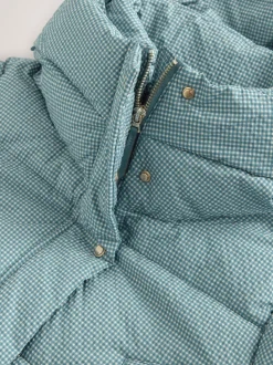 Vichy bleu - Manteau long matelassé à capuche résistant à la douche