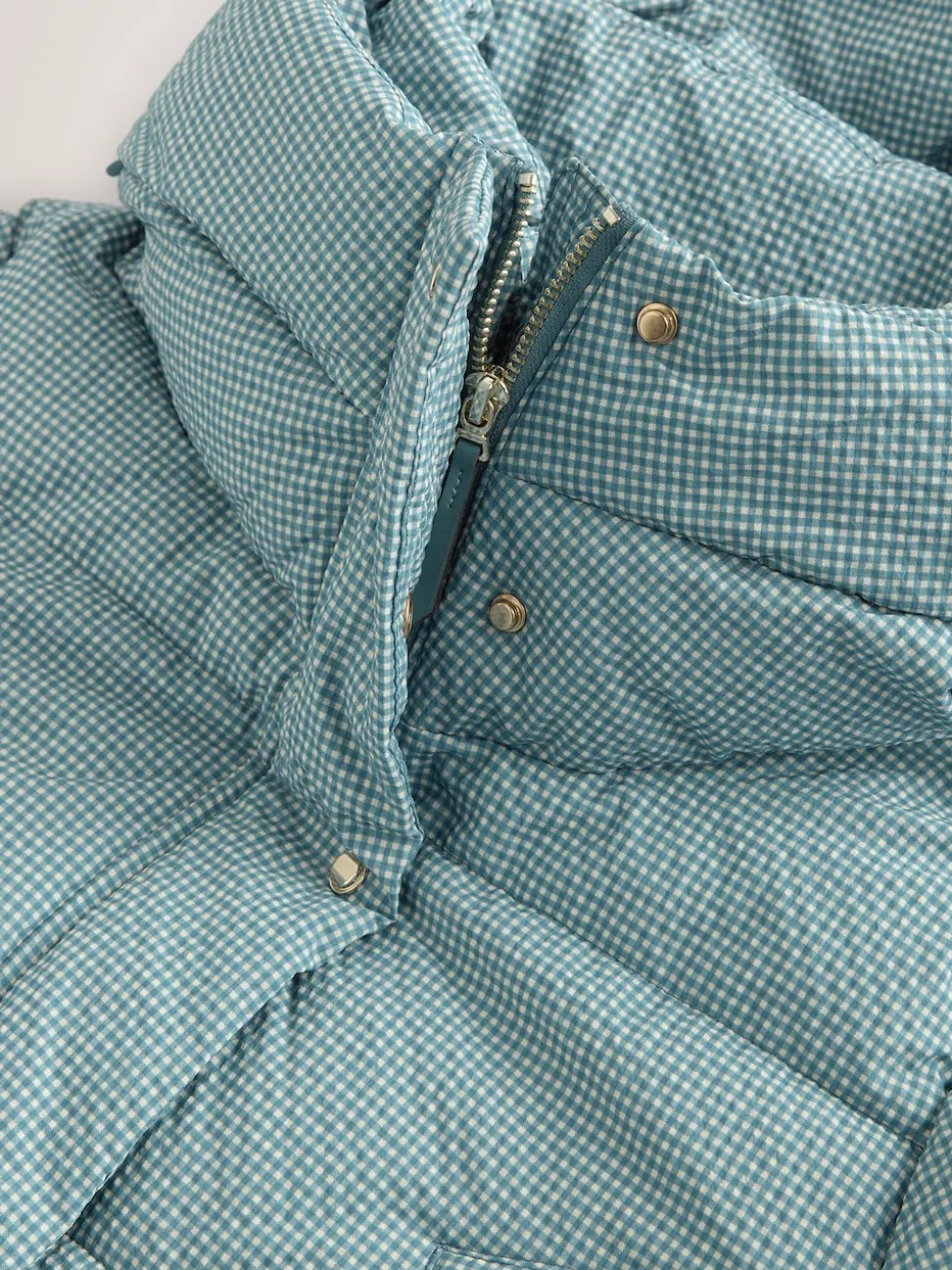 Vichy bleu - Manteau long matelassé à capuche résistant à la douche