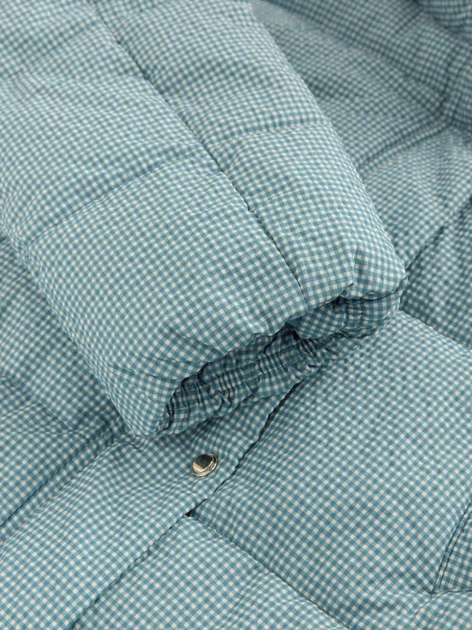 Vichy bleu - Manteau long matelassé à capuche résistant à la douche