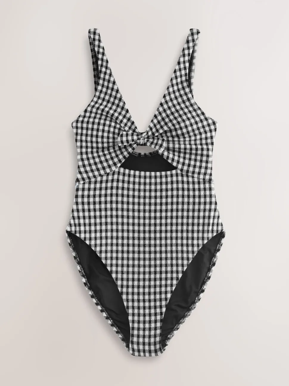Vichy froissé noir/blanc - Maillot de bain à décolleté plongeant et découpes