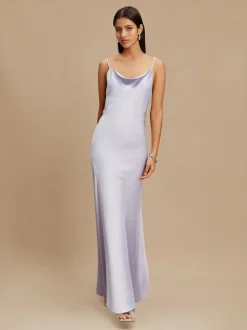 Violet lavande - Robe longue de demoiselle d’honneur en satin à col bénitier pour mariage