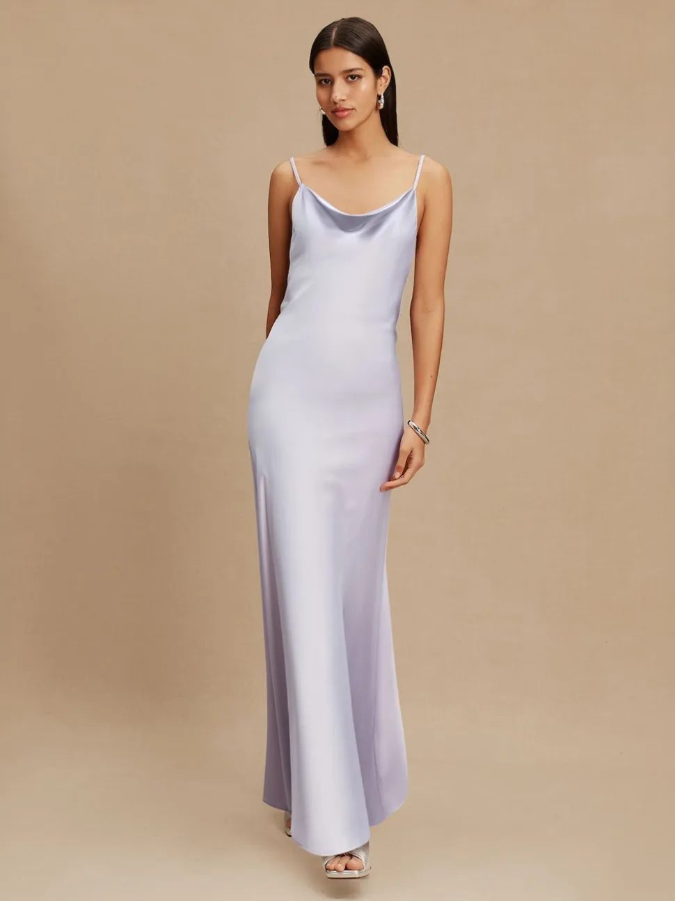 Violet lavande - Robe longue de demoiselle d’honneur en satin à col bénitier pour mariage