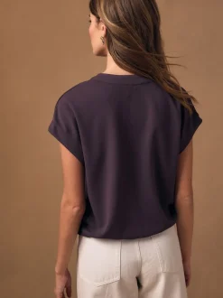 Violet prune - Haut à col en V à manches courtes ceinturé à la taille