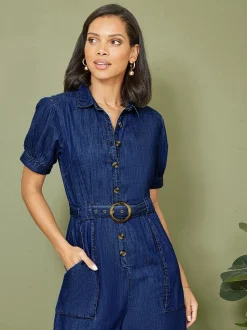 Yumi 100% Cotton Chambray Button Up Jumpsuit
